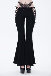 Pantalon gothique pour femme noir taille basse en dentelle avec gemmes, à lacets bilatéraux et découpes évasées